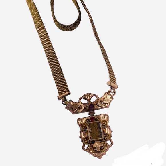 Antique Jewelry - Antique Victorian Rose & Yellow Gold Filled Tiger Eye Cameo Mesh Necklace